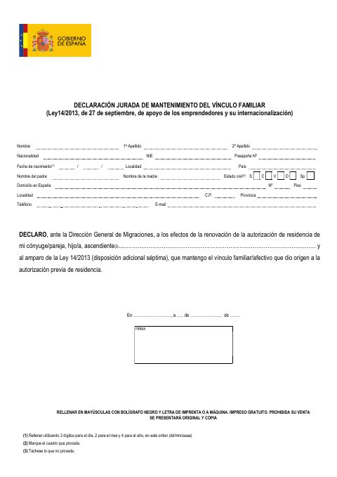 Первая страница бланка Declaración jurada de vínculo familiar