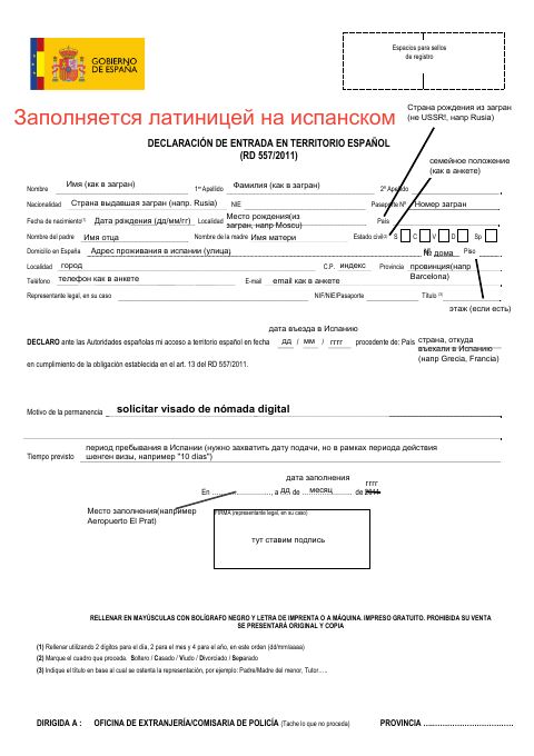 Первая страница бланка Образец декларации о въезде