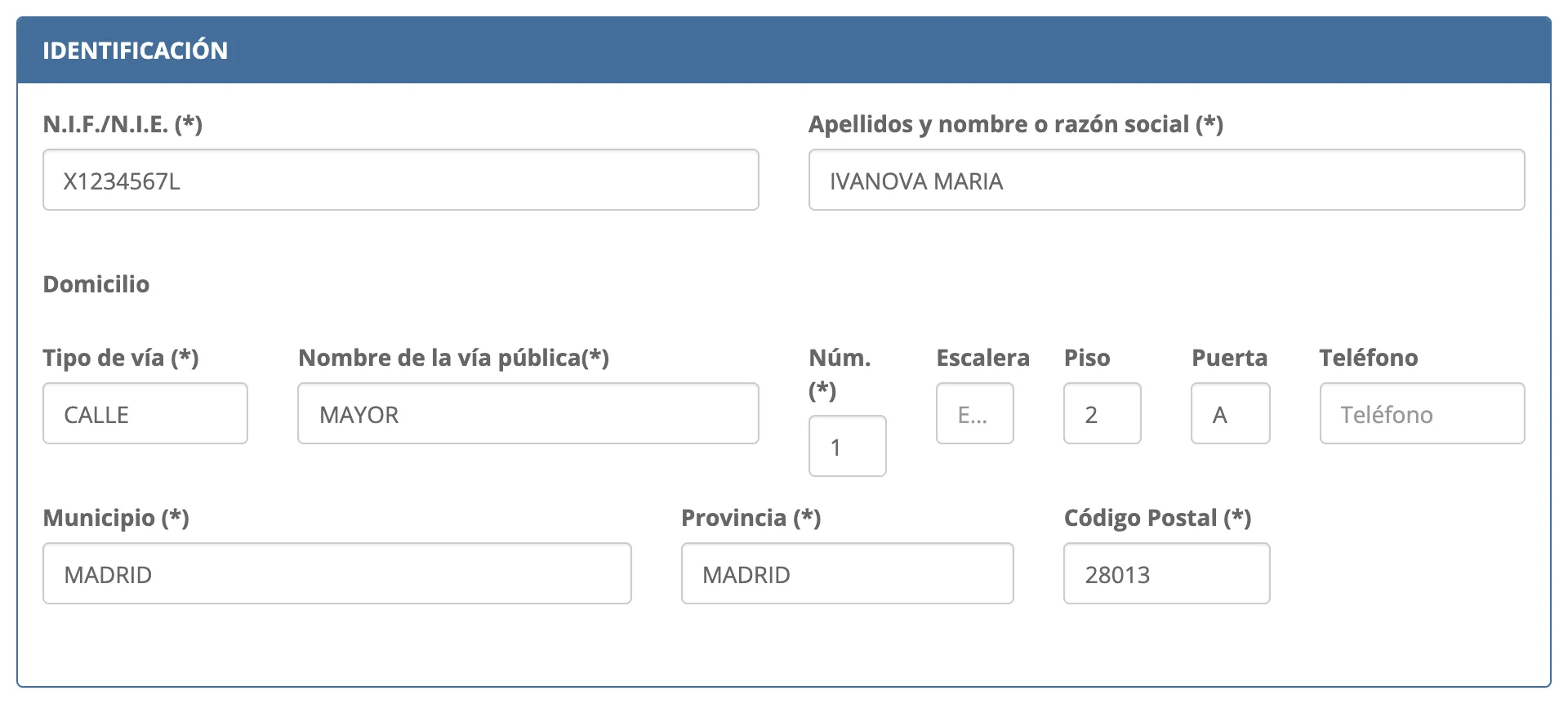 Блок Identificación формы тасы, заполненный примером