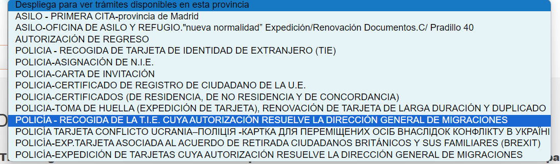 Список процедур ICP в Мадриде: выделена RECOGIDA DE LA T.I.E. CUYA AUTORIZACIÓN RESUELVE LA DIRECCIÓN GENERAL DE MIGRACIONES