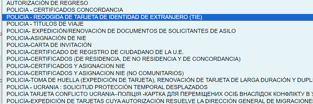 Список процедур ICP в другой провинции: выделена POLICIA - RECOGIDA DE TARJETA DE IDENTIDAD DE EXTRANJERO (TIE)